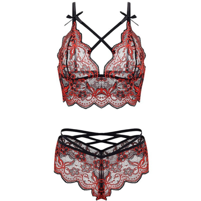 Floral Eyelash Lace Bralette & Strappy Panty Set, wholesale