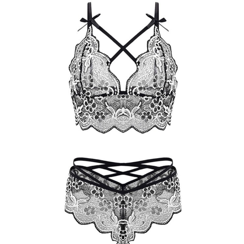 Wine Floral Eyelash Lace Bralette & Strappy Panty Set, wholesale, sizes S/M/L/XL/XXL — view 2
