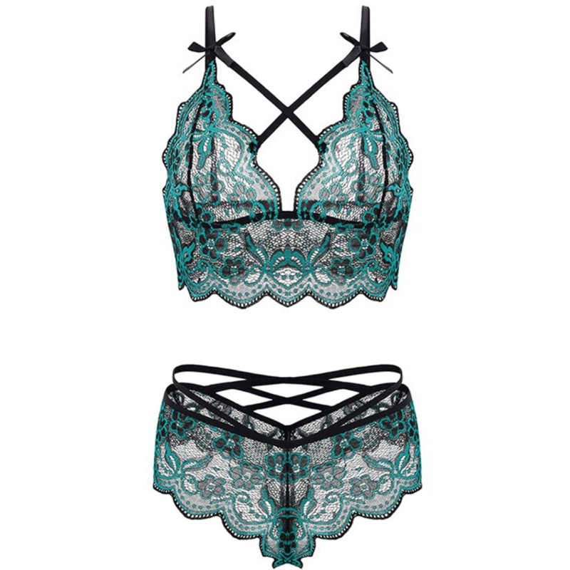 Wine Floral Eyelash Lace Bralette & Strappy Panty Set, wholesale, sizes S/M/L/XL/XXL — view 3