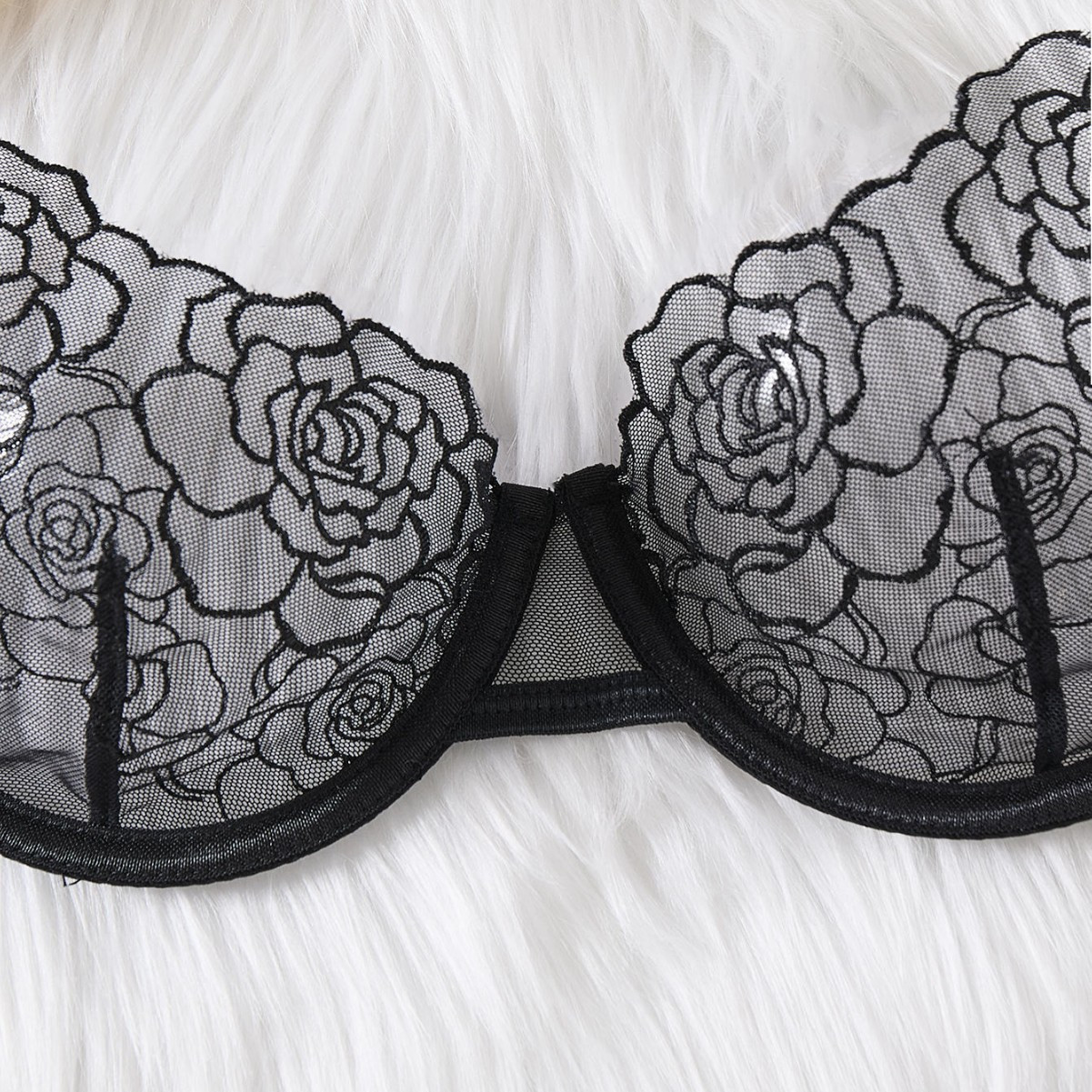 Black Floral Lace Underwire Bra & Thong Set, wholesale, sizes S/M/L/XL — view 2