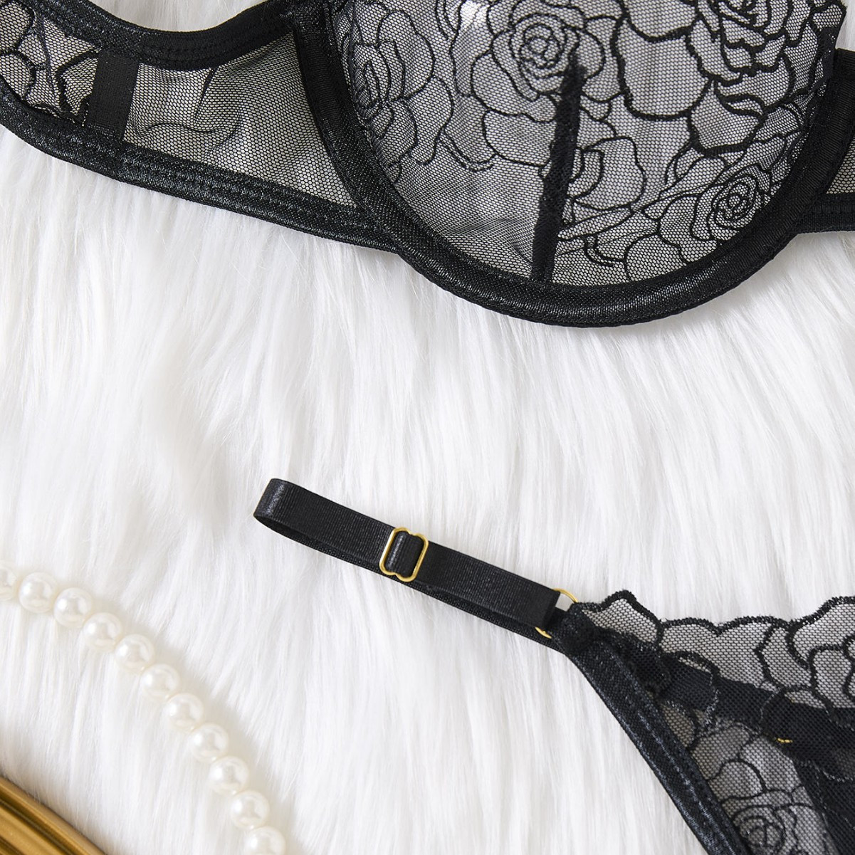 Black Floral Lace Underwire Bra & Thong Set, wholesale, sizes S/M/L/XL — view 3