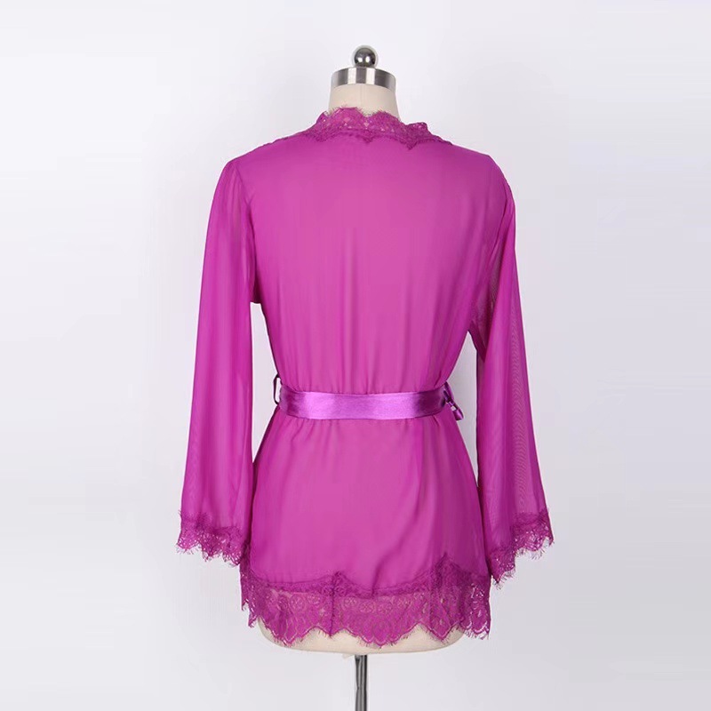 Pink Sheer Mesh Robe with Eyelash Lace Trim, wholesale, sizes S/M/L/XL/XXL/XXXL — view 3
