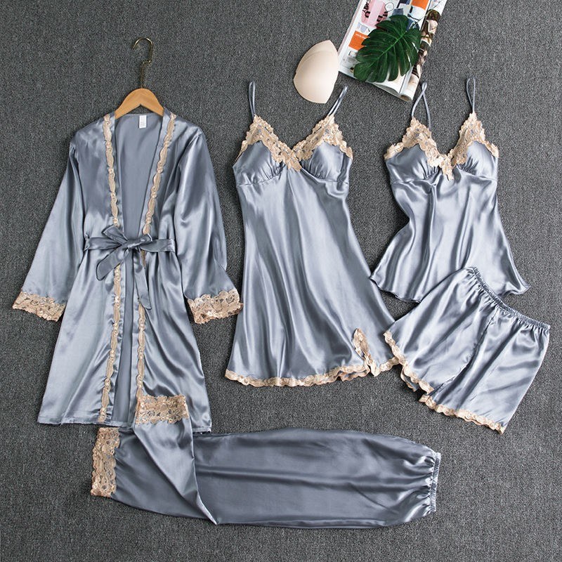 5-Piece Satin Pajama Set with Lace Trim, wholesale, sizes S/M/L/XL/XXL/XXXL/XXXXL
